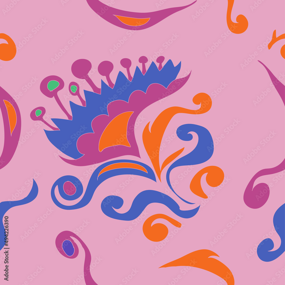 Seamless stylized colored  leaves, flower, spirals. Hand drawn.
