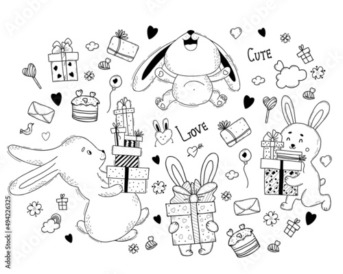 cute rabbit character set with gifts, boxes, sweets and cakes, sweets and flowers. Vector illustration. Isolated elements in style of hand drawn doodles for design, decor, greeting cards, valentines
