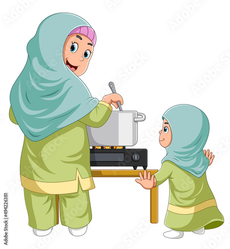 The mother is cooking and stringing the pail with the girl