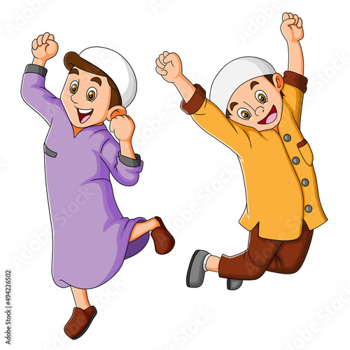The two islamic young boy is jumping with the happy expression