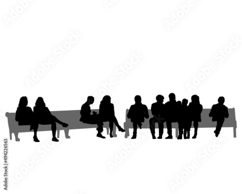 People on park benches on white background