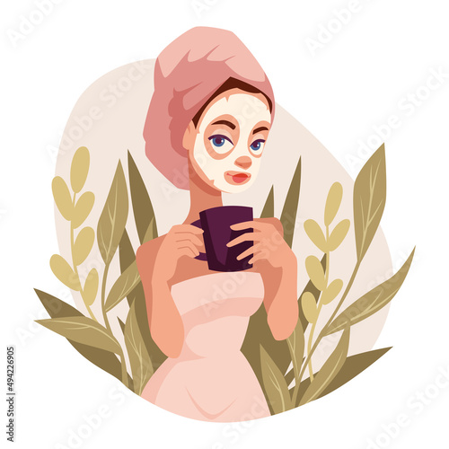 Young woman uses a cosmetic face mask. In the hands of a mug of tea. Skincare routine, mask applying and cosmetics. Beauty routine. Vector illustration.