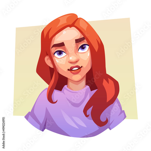 Portrait of a woman. Beautiful young girl with red hair. The girl's head. Avatar for a social network. Vector illustration