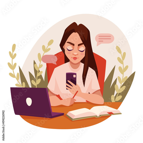Girl  working или studying with laptop at home, sitting at table. Hangs up in chats on a smartphone instead of work, study. Procrastination concept. Women routine, everyday life. Vector illustration.