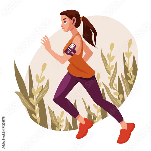 The girl goes in for sports. A young girl runs down the street listening to music on wireless headphones. Concept of healthy lifestyle, fitness outdoor and jogging. Women routine, everyday life