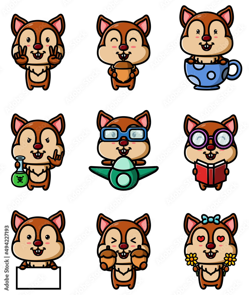 Fototapeta premium The collection of the happy squirrel with the different poses mascot bundle set