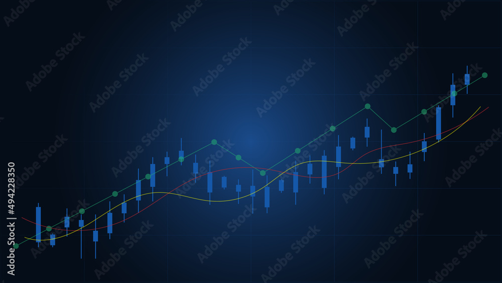 candlesticks show sock market trend with line indicator on dark blue background candlesticks show sock market trend with line indicator on dark blue background