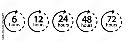 6 ,12, 24, 48, 72 hours clock arrow. Symbol work time. High quality black style vector icons