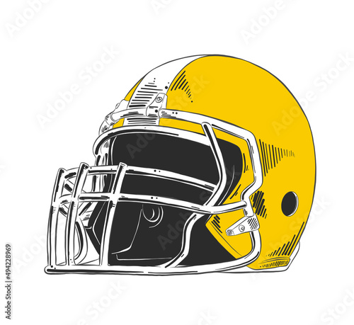 Vector engraved style illustration for posters, decoration and print. Hand drawn sketch of american football helmet in yellow isolated on white background. Detailed vintage etching style drawing.