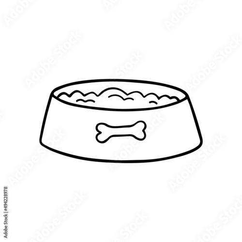Hand drawn dog bowl doodle Pet Food in sketch style.  Vector illustration isolated on white background.