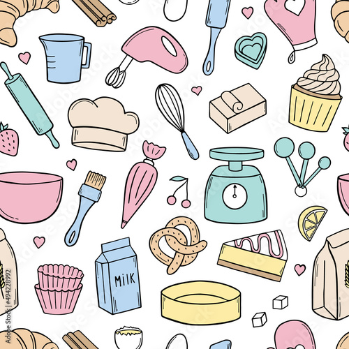 Seamless pattern of baking doodle. Cooking elements. Mixer, butter, flour, spoon, whisk in sketch style.  Hand drawn vector illustration isolated on white background.