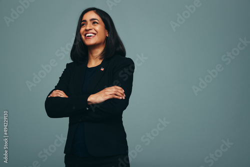 American congresswoman smiling cheerfully in a studio photo