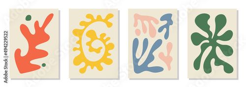 Set of 4 Matisse inspired wall art posters, brochure, flyer templates, contemporary collage. Organic line abstract pattern, hand drawn design, simple wallpaper. Dynamic shapes graphic vintage vector