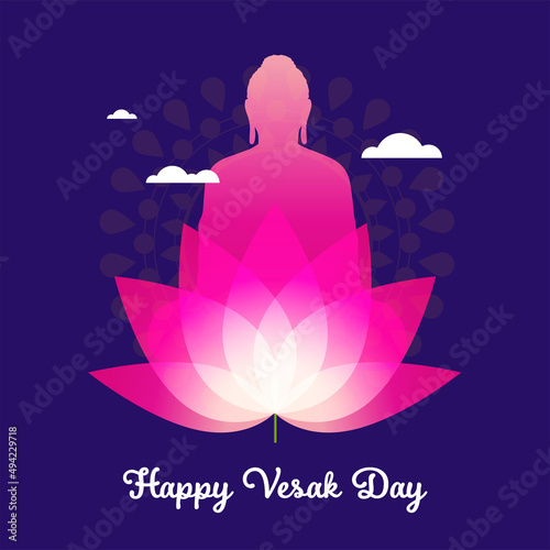 Happy Vesak Day Budha Purnima Background With Budha Statue Silhouet Realistic Pink Lotus