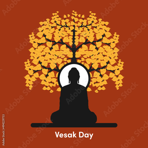 Happy Vesak Day. Buddha under bodhi tree illustration
