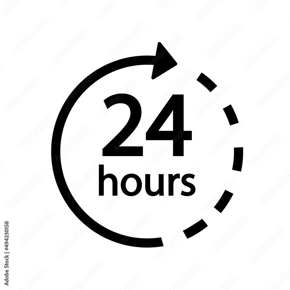 Twenty four hour with arrow loop icon, 24 hours cyclic sign, Opened order execution or delivery, All day business and service, Vector design illustration