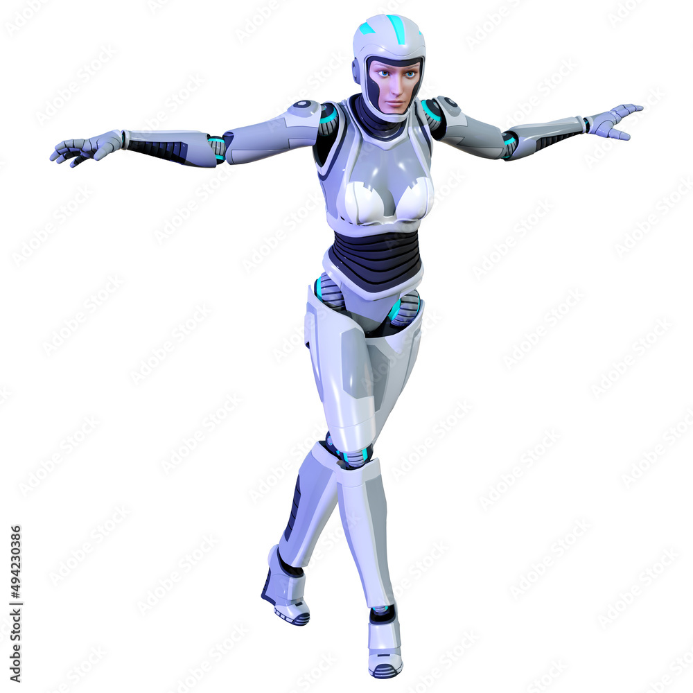 3D Rendering Female Robot on White