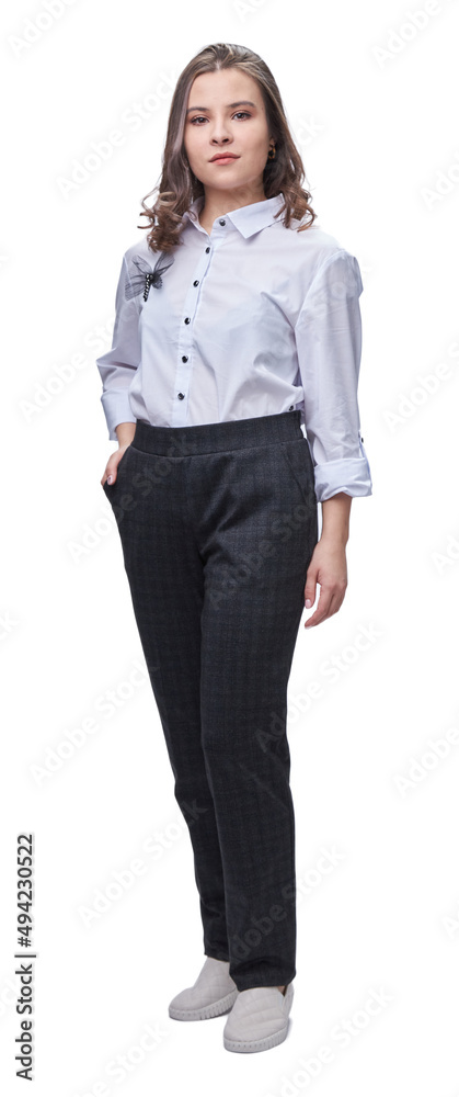 office worker young lady in full-length trousers and white blouse, isolate office worker young lady in full-length trousers and white blouse, isolate
