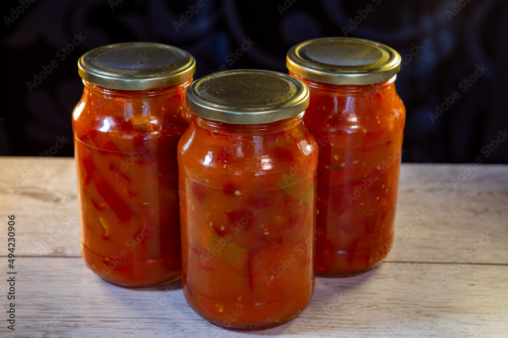 preservation of lecho from bell peppers, tomatoes and sauce preservation of lecho from bell peppers, tomatoes and sauce