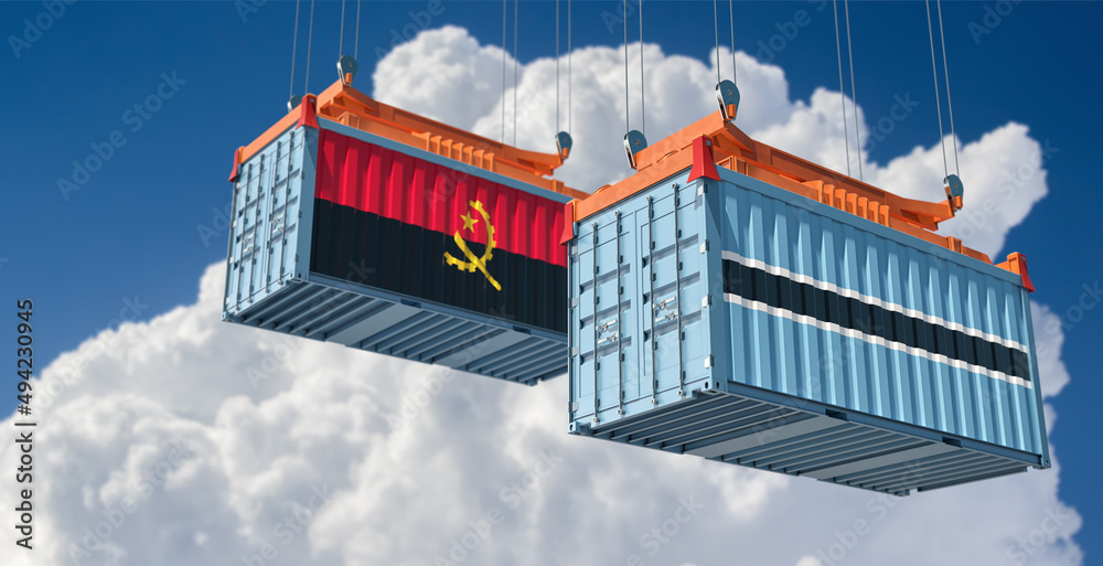 Cargo containers with Botswana and Angola national flags. 3D Rendering