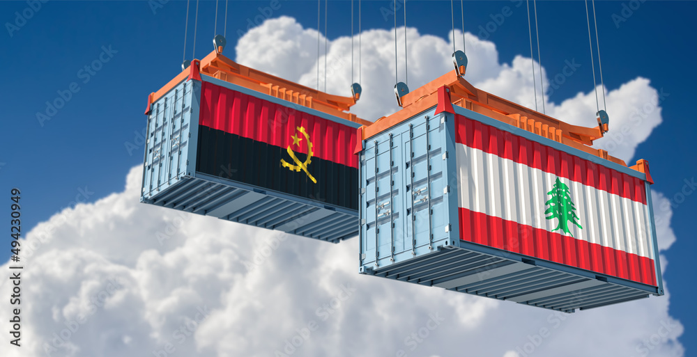 Cargo containers with Lebanon and Angola national flags. 3D Rendering