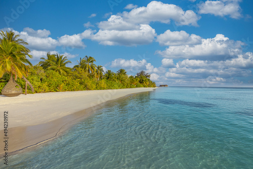 Fototapeta Naklejka Na Ścianę i Meble -  Maldives island beach. Tropical landscape of summer scenery, white sand with palm trees. Luxury travel vacation destination. Exotic beach landscape. Amazing nature, relax, freedom nature template

