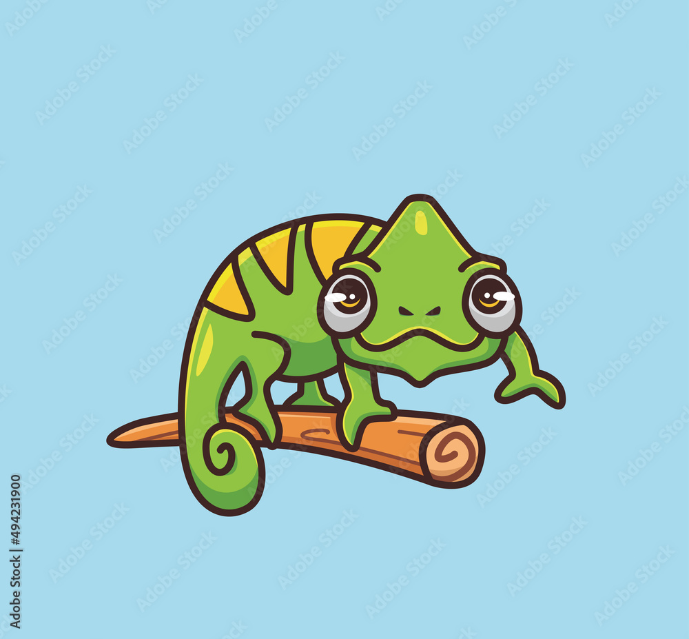 Obraz premium cute chameleon camouflage on branch. cartoon animal nature concept Isolated illustration. Flat Style suitable for Sticker Icon Design Premium Logo vector. Mascot Character