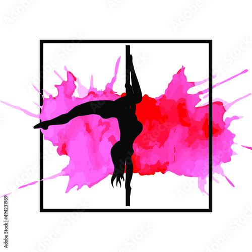 Silhouette of young beautiful woman dancing a striptease or pole dance in watercolor background.  Vector illustration