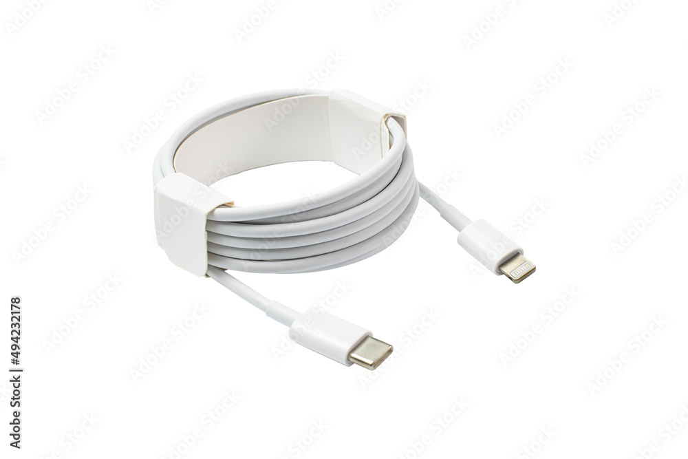 Usb C lightning white data cable on white, isolate. Usb C lightning white data cable on white, isolate.