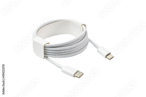 Usb C lightning white data cable on white, isolate.