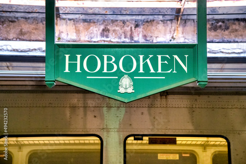 Hoboken green railway station sign in Jersey City - USA.