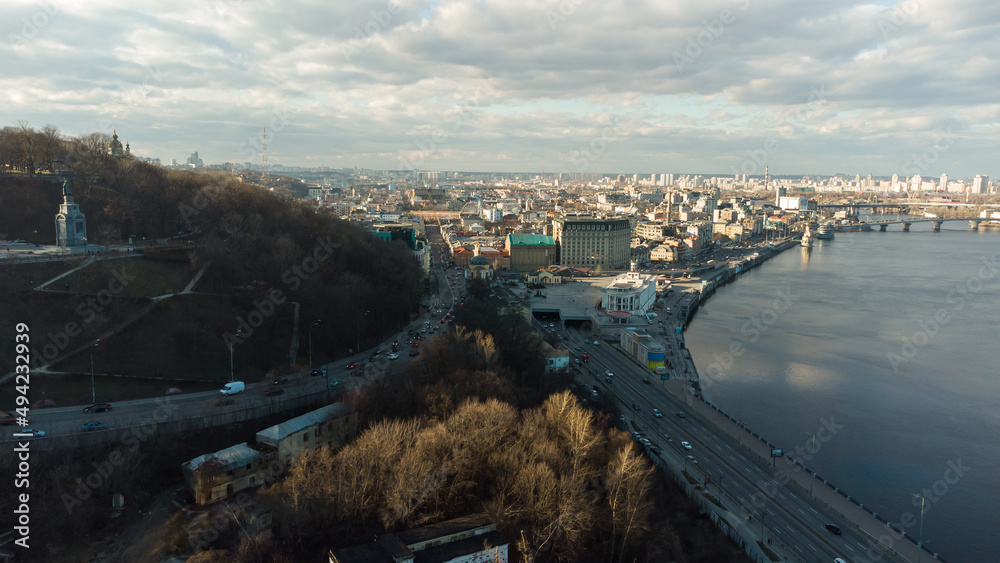 Aerial drone view. View of the Dnieper River and the Podil district in Kiev.
