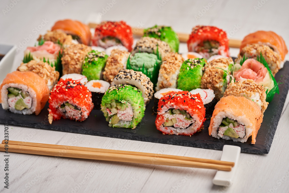 Variety of sushi freshly prepared Variety of sushi freshly prepared