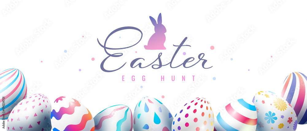 Vector easter illustration with word egg hunt and different painted eggs. Happy easter template design with bunny and decorative egg for greeting card, banner on white color background