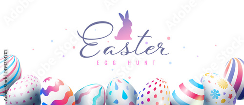 Vector easter illustration with word egg hunt and different painted eggs. Happy easter template design with bunny and decorative egg for greeting card, banner on white color background