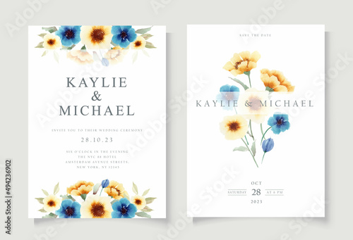 Wedding Invitation Card Template with Blue & Yellow Flowers Watercolor
