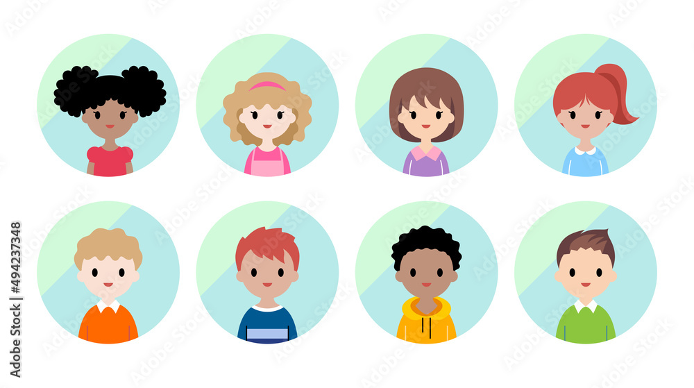 Children avatars flat icon set Children avatars flat icon set