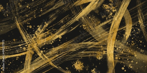 曲線と直線のかすれた金色の筆跡　抽象横長ダークバナー　しぶき　黒背景　和風　筆　にぎやか　東洋 Fototapeta