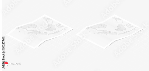 Set of two realistic map of Singapore with shadow. The flag and map of Singapore in isometric style.