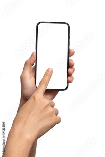 Hand holding Smartphone pro with white screen and modern design - isolated the black on white background for your web site design, logo, app - include clipping path.