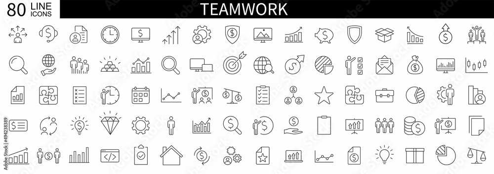 Business teamwork. Set of 80 Teamwork web icons in line style. Team building, work group and human resources minimal thin line web icon set. Vector illustration