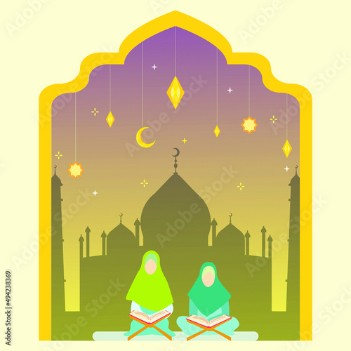 Flat illustration concept of Ramadan Kareem, suitable for background, card, wallpaper, banner, cover, business, poster, template, flyer. Cartoon Flat Vector Illustration.