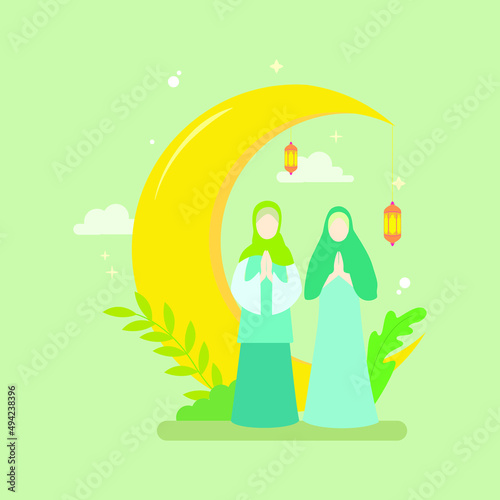 Flat illustration concept of Ramadan Kareem, suitable for background, card, wallpaper, banner, cover, business, poster, template, flyer. Cartoon Flat Vector Illustration.