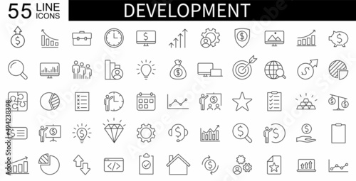 Set of 55 development web icons in line style. Business people icons set. Marketing, analytics, e-commerce, digital, management, seo. Vector illustration.