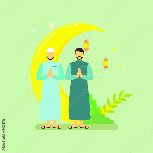 Flat illustration concept of Ramadan Kareem, suitable for background, card, wallpaper, banner, cover, business, poster, template, flyer. Cartoon Flat Vector Illustration.