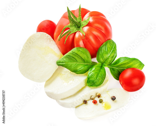 Mozzarella cheese with basil leaf, spiced pepper and tomatoes isolated on white background.