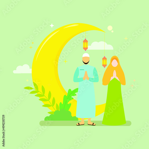Flat illustration concept of Ramadan Kareem, suitable for background, card, wallpaper, banner, cover, business, poster, template, flyer. Cartoon Flat Vector Illustration.