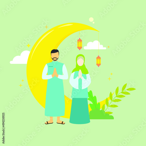 Flat illustration concept of Ramadan Kareem, suitable for background, card, wallpaper, banner, cover, business, poster, template, flyer. Cartoon Flat Vector Illustration.