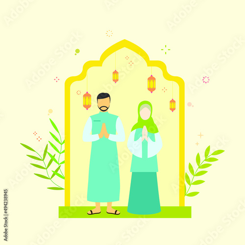 Flat illustration concept of Ramadan Kareem, suitable for background, card, wallpaper, banner, cover, business, poster, template, flyer. Cartoon Flat Vector Illustration.
