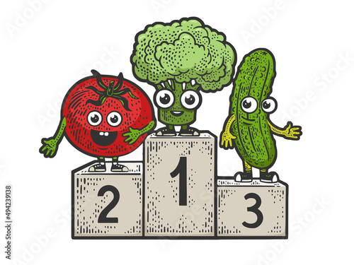 cartoon vegetables on sport pedestal line art color sketch engraving vector illustration. T-shirt apparel print design. Scratch board imitation. Black and white hand drawn image.